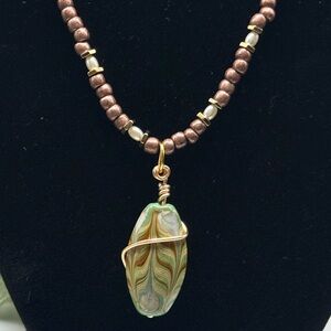 Boho Lampwork Glass Pendant 16”Necklace